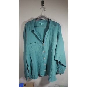 P.S. Kate Teal Crinkle Cotton Button Front Shirt Top 3XL Plus